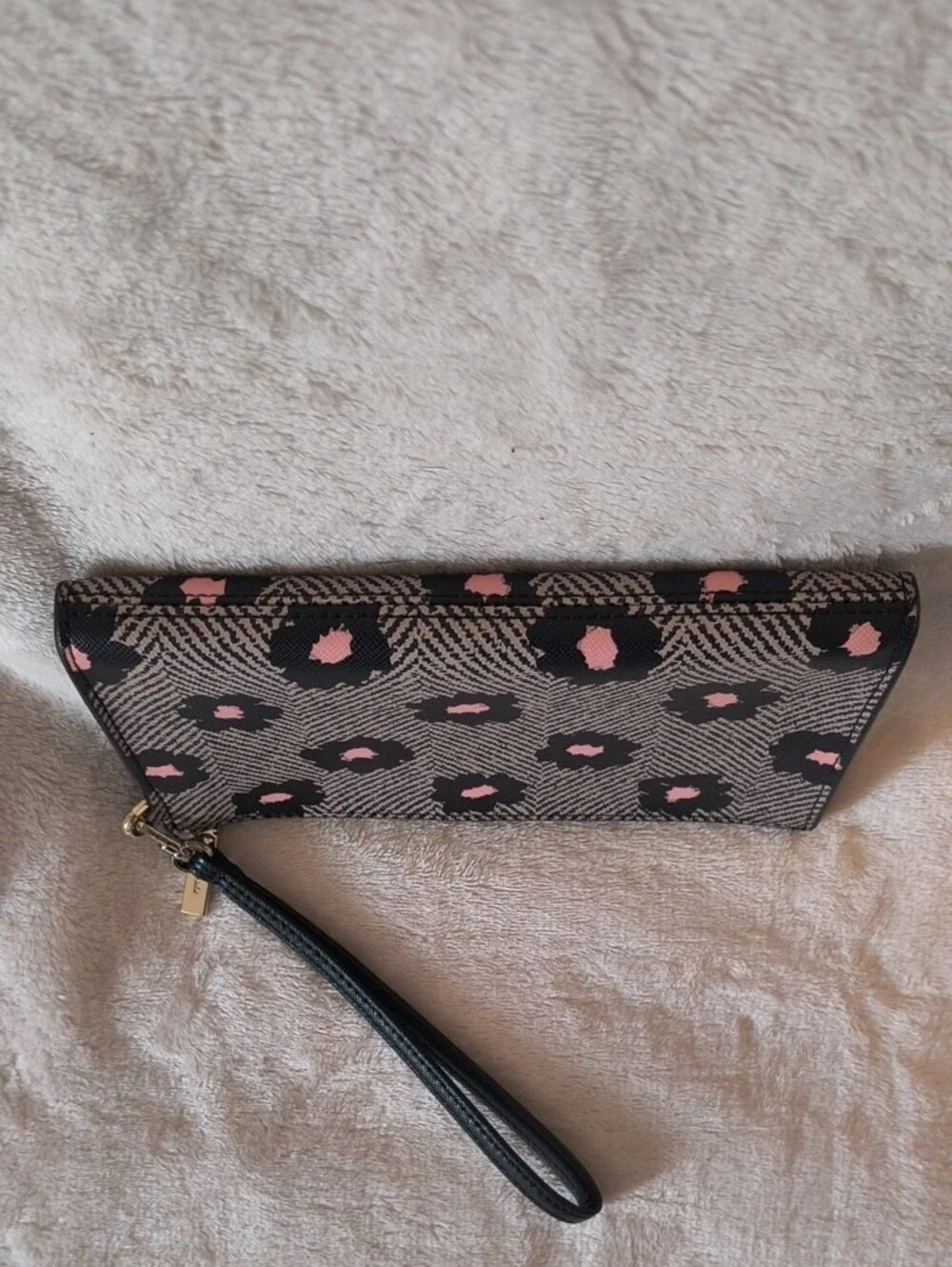 Kate Spade Black Floral Print Wristlet with Pink Accents